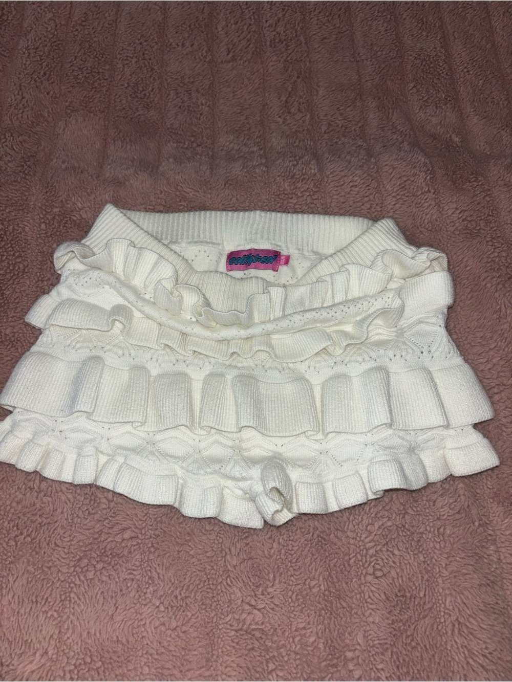 Edikted White Ruffle Knit Shorts
